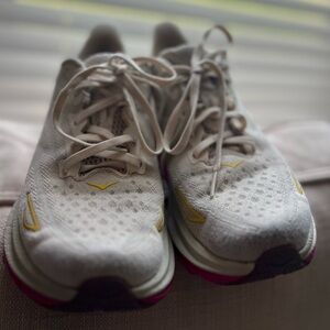 Hoka One One White and Yellow Athletic Shoes with Cushioned Midsoles